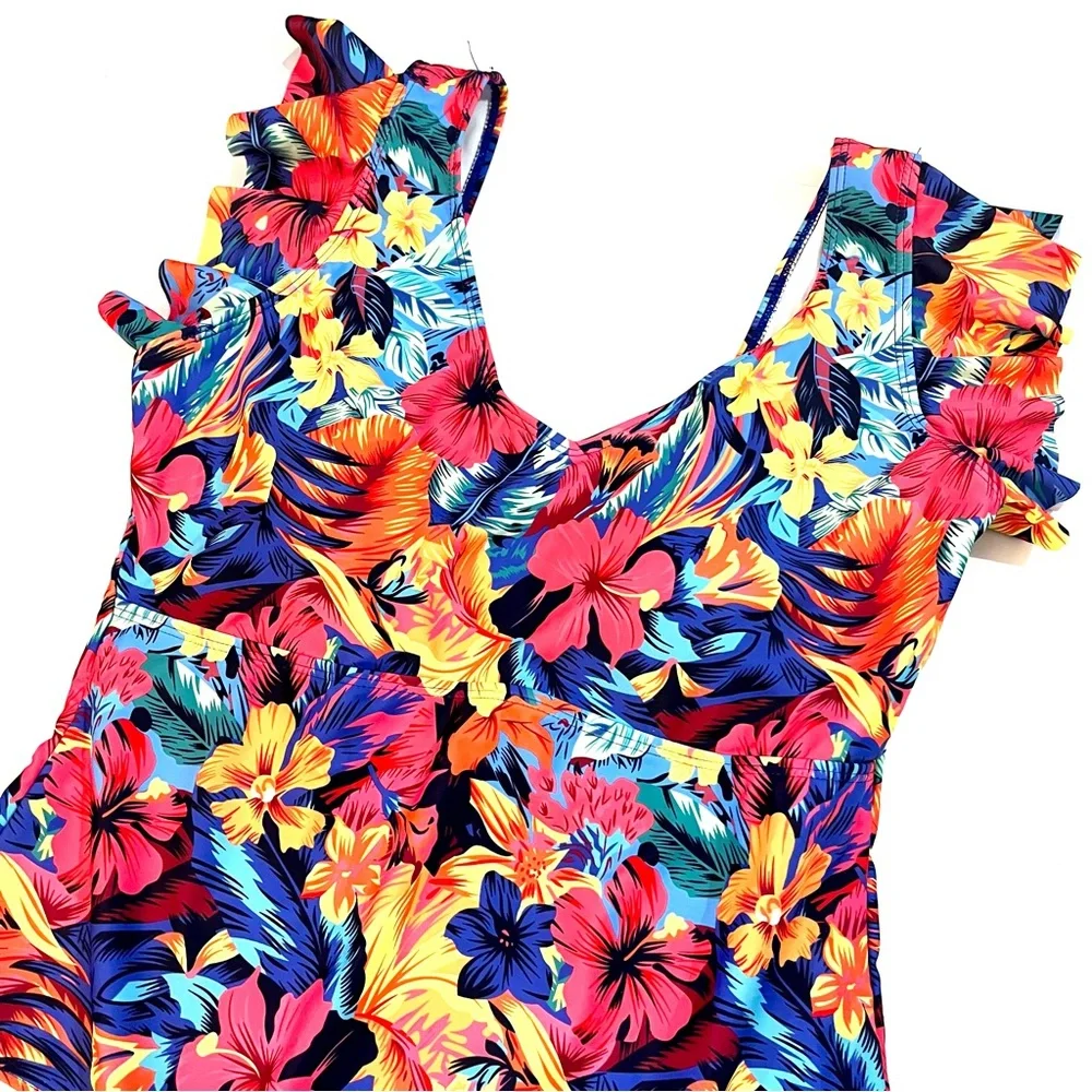 SHEIN 1X Plus Size Tropical Floral One Piece Swimsuit Colorful Beachwear NWT